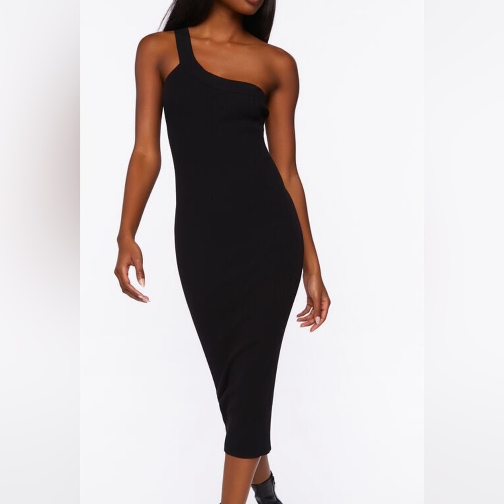 Black One Shoulder Midi Dress
